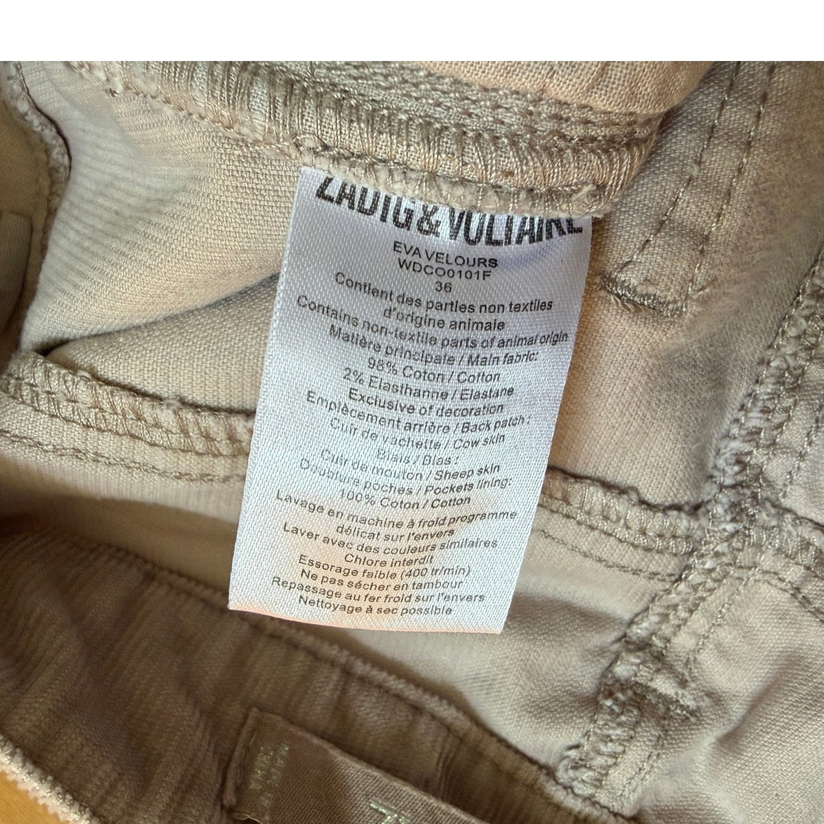 Zadig & Voltaire Eva Velours Corduroy Pants Size 36 Beige Slim Fit Stretch EUC