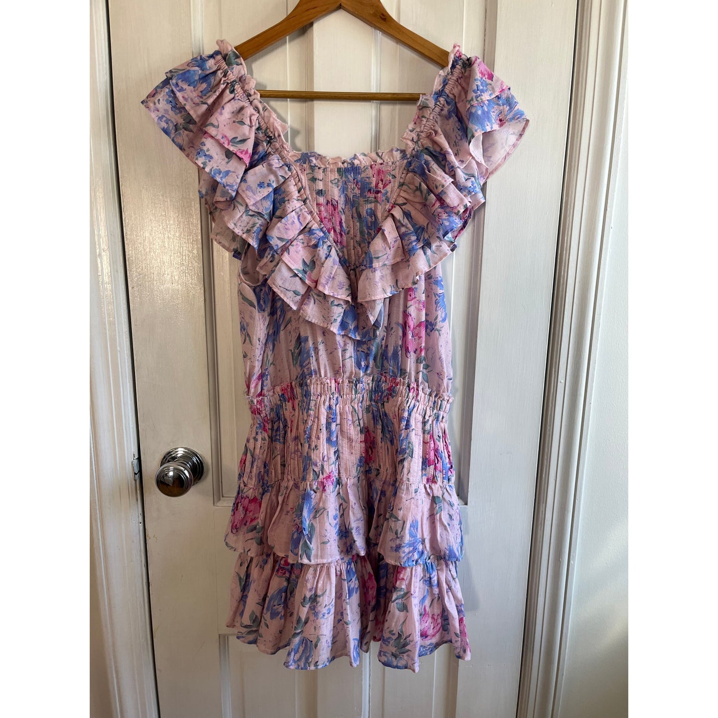 LoveShackFancy Love You More Floral Tiered Mini Dress M - Whimsical Pink Purple