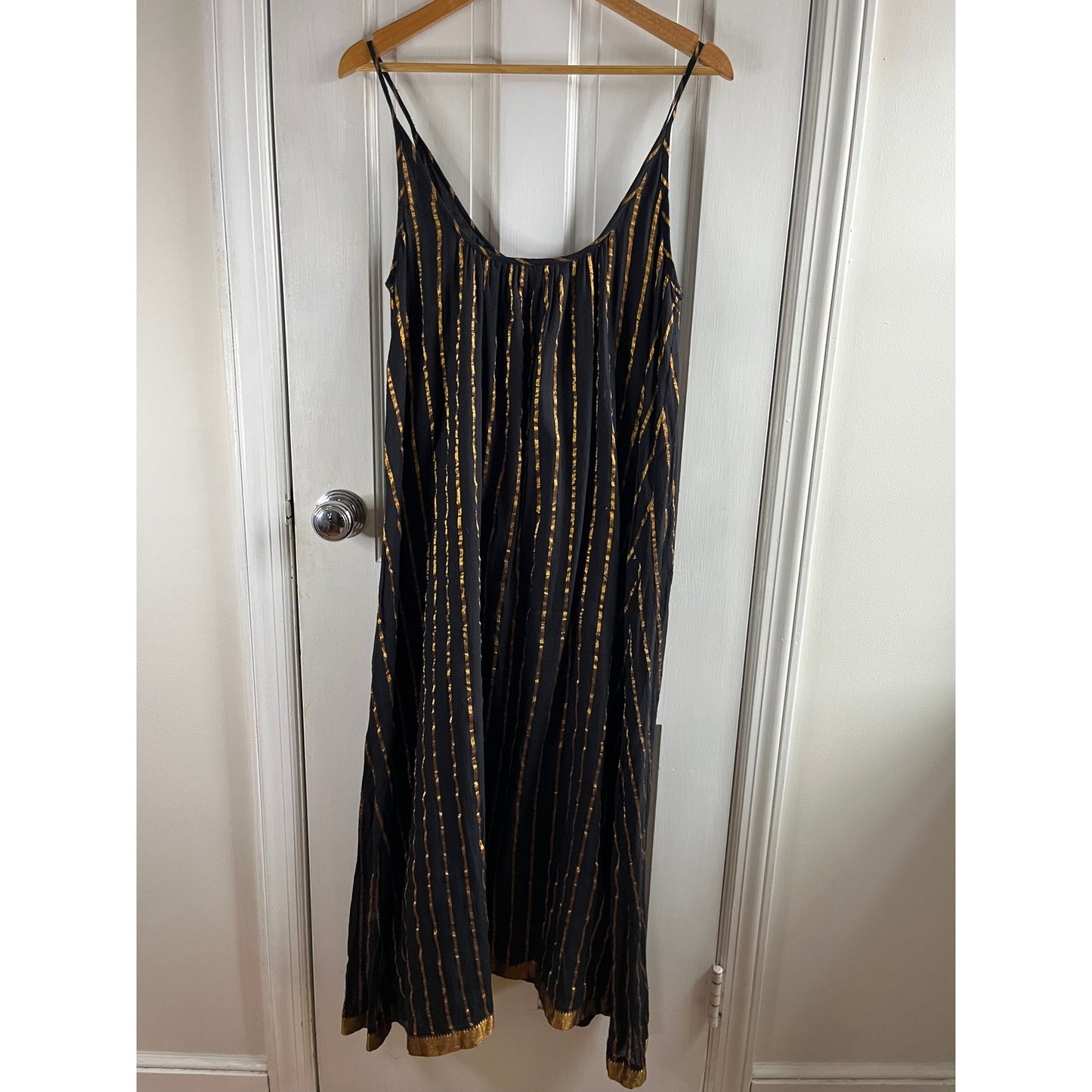 Aish Sultan Black & Gold Striped Slip Dress Maxi One Size OS Boho Luxury Lagenlook