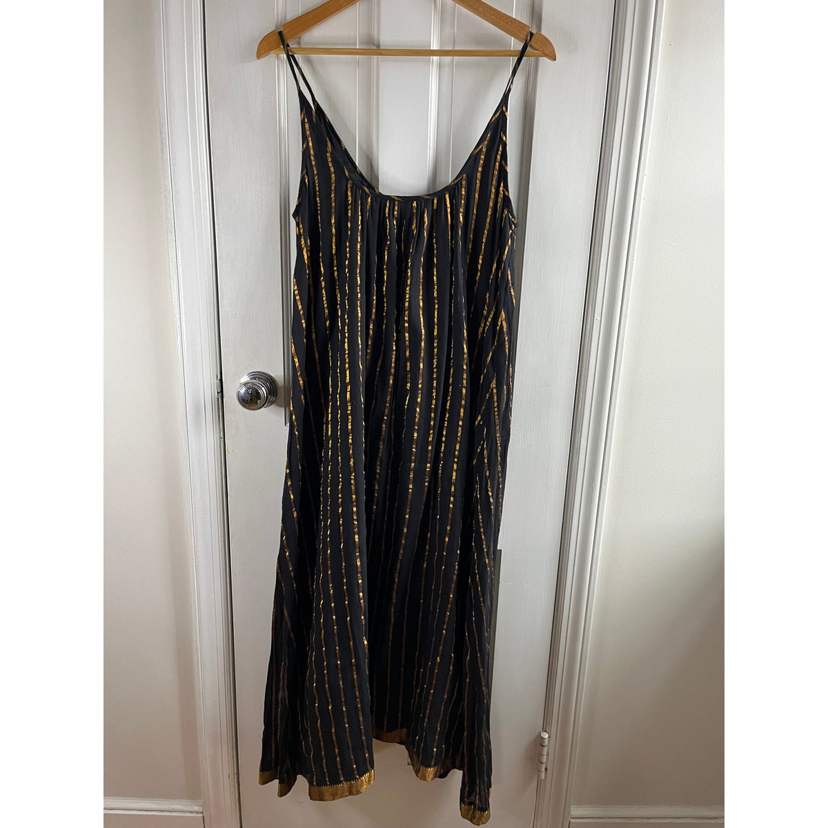 Aish Sultan Black & Gold Striped Slip Dress Maxi One Size OS Boho Luxury Lagenlook