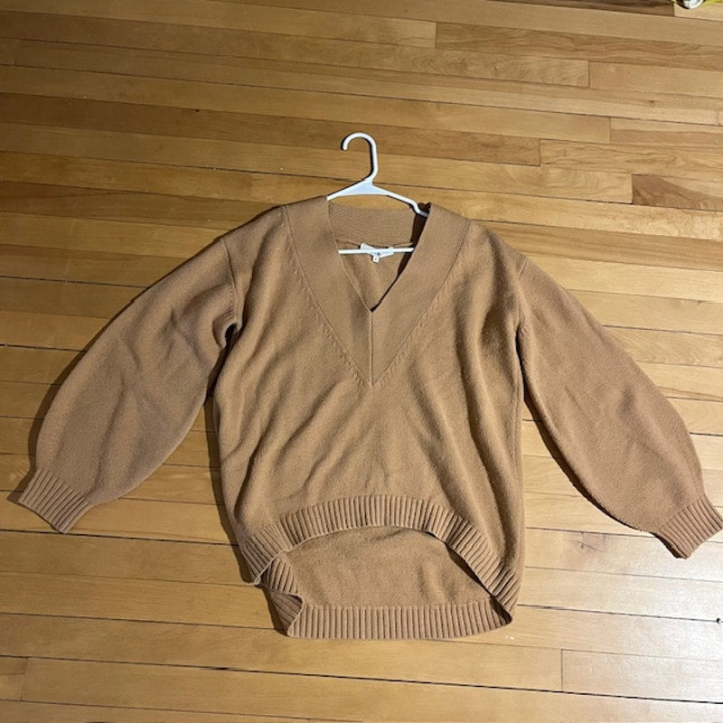 Tibi Merino Wool Blend V-neck Puff Sleeve Camel Sweater - Size Small