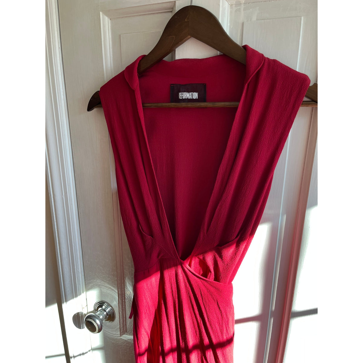 Reformation Red Wrap Midi Dress XS | Sexy Deep V Neck Sleeveless Crepe | US Made