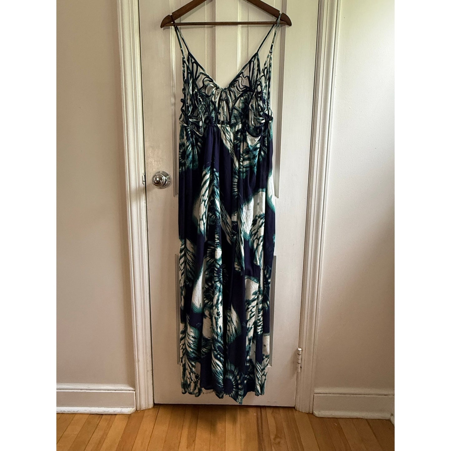 Anthropologie Dolan Eliska Maxi Dress XL Blue Green Abstract Tie Dye Strappy EUC