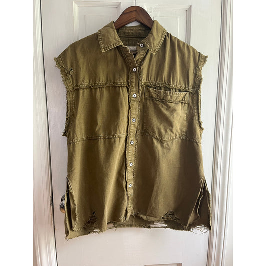 We The Free People Drifter Vest - Olive Green Distressed Denim - Size Small - EUC