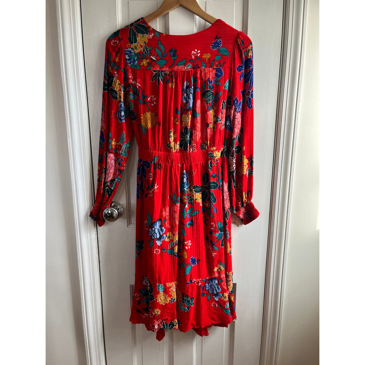 Anthropologie Boswell Textured Faux Wrap Floral Tunic Midi Dress Red 12P EUC
