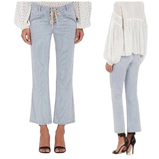 Ulla Johnson Striped Patria Pants Lace Up Back Wide Leg Cropped Blue White 6