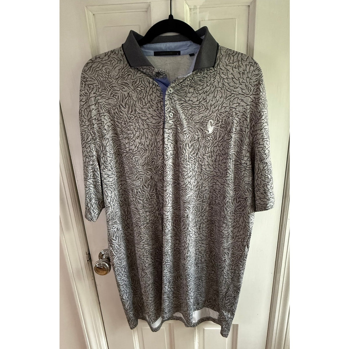 Greyson Clothiers Golf Polo Large L Wolf Print The Shadows Grey AOP EUC