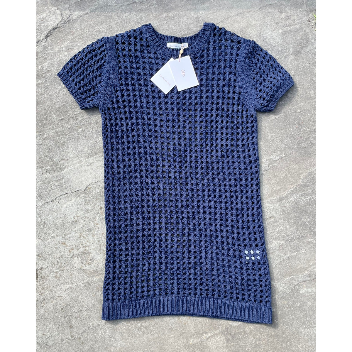 NWT The Frankie Shop Ari Knit Mini Dress Navy XS/S Crochet Cover Up