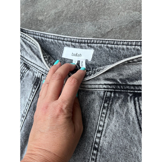 ba&sh Paris Lady Jeans High Rise Moto Acid Wash Denim Gray Noir 1 S 26 27 $265