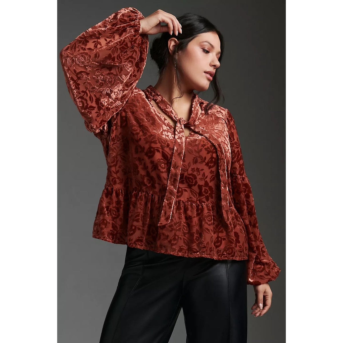By Anthropologie Velvet Burnout Tie Neck Blouse Rust Copper Floral Peplum Med