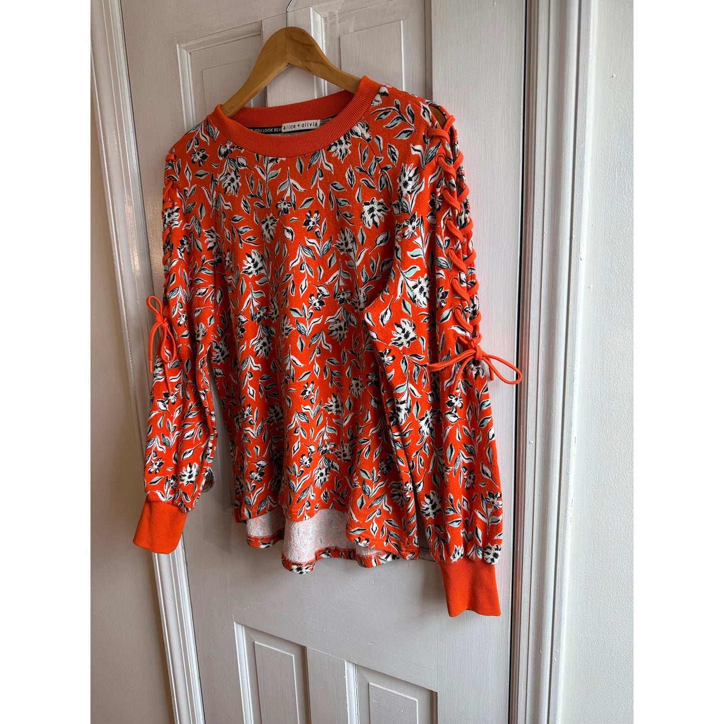 Alice + Olivia Charlotte Orange Floral Lace Up Sleeve Sweatshirt S/P - Sienna
