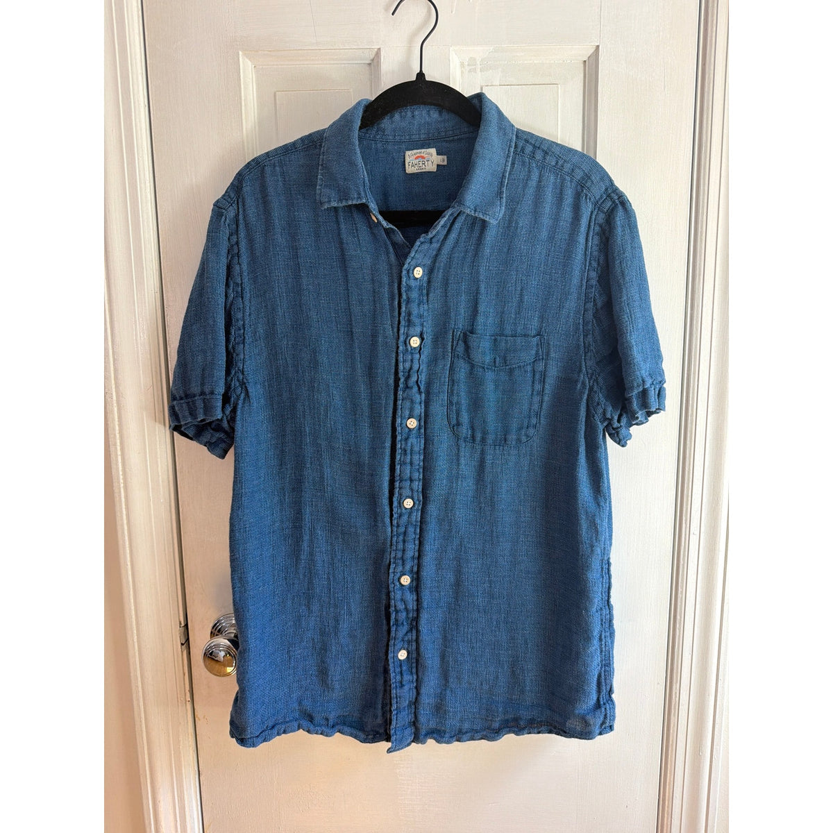 Faherty Mens Large Short Sleeve Organic Button Down Shirt Blue