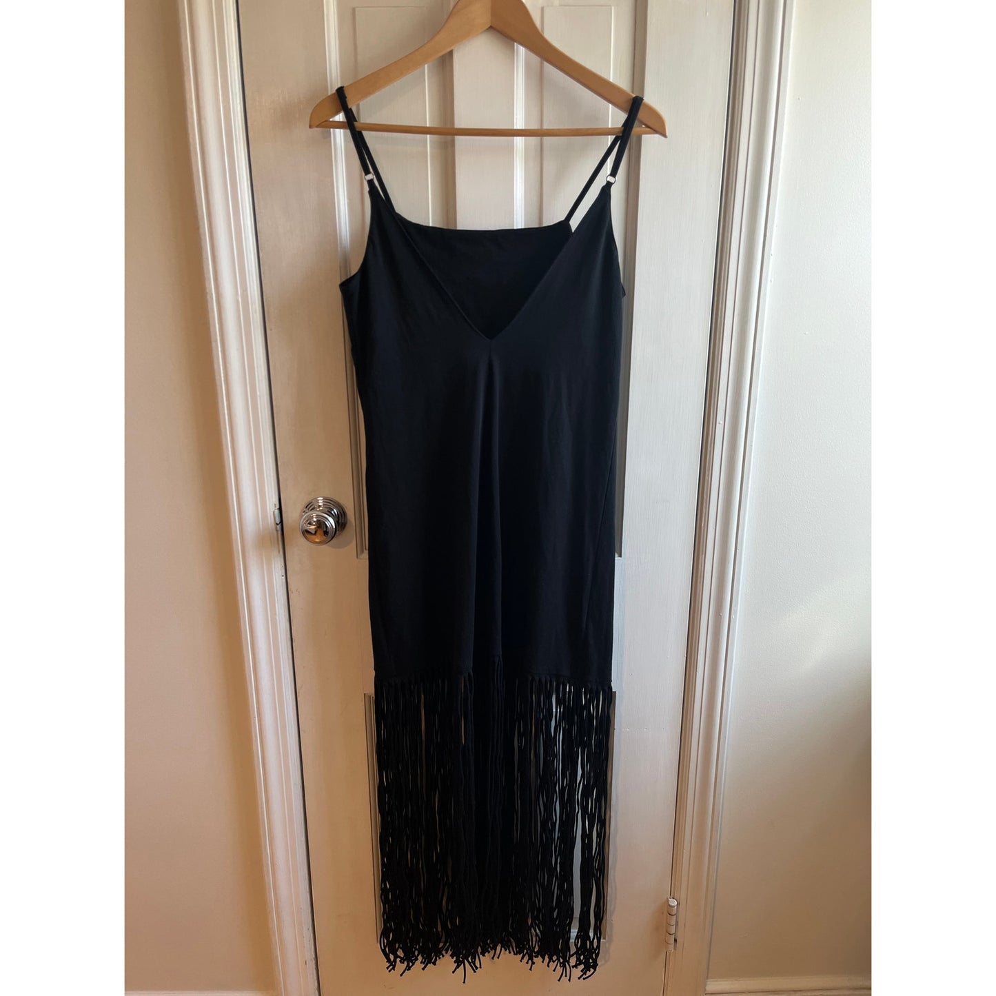 FARM RIO Sun & Stripes Maxi Dress Shredded Fringe Hem Celestial Boho | Sz M