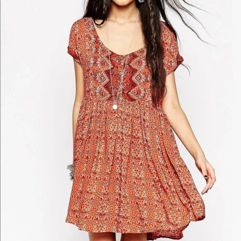 Free People Sundown Babydoll Dress S/P 🧡 Aztec Orange Boho Mini