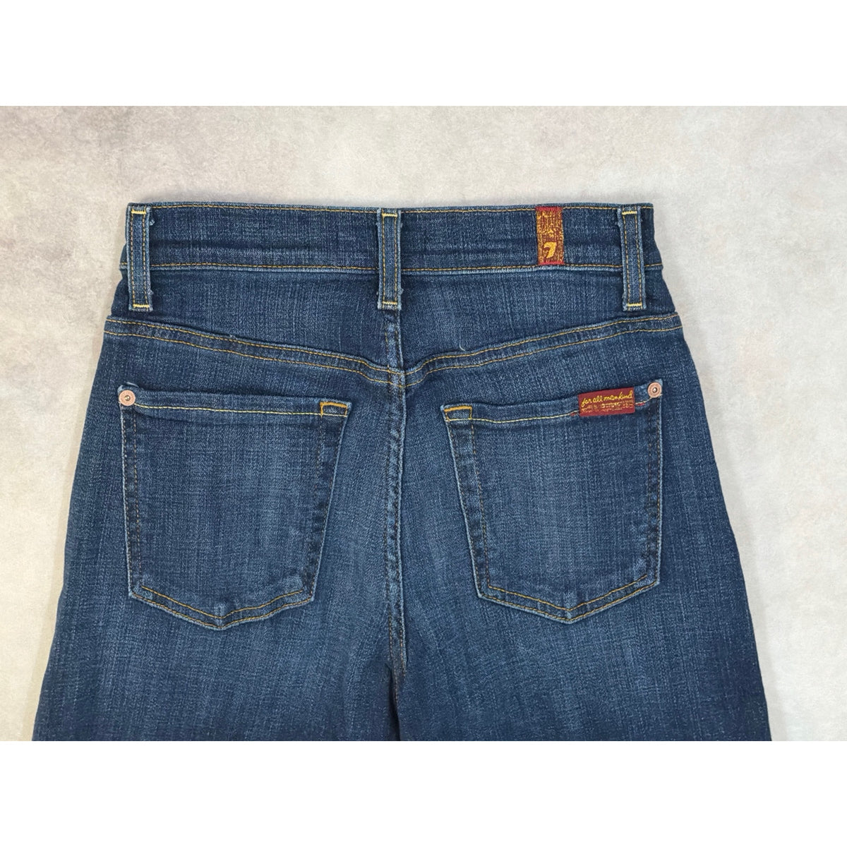 7 For All Mankind High Rise Straight Crop Jeans Size 23 Raw Hem Frayed Indigo Blue