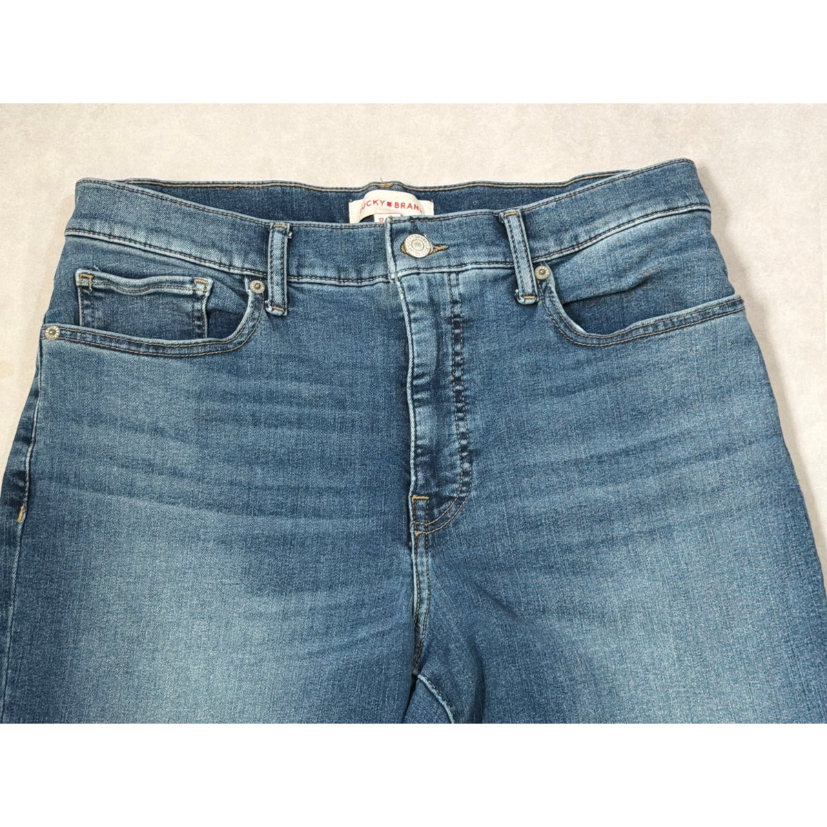 Lucky Brand High Rise Bridgette Crop Flare Jeans Size 12 / 31 Medium Wash Raw Hem