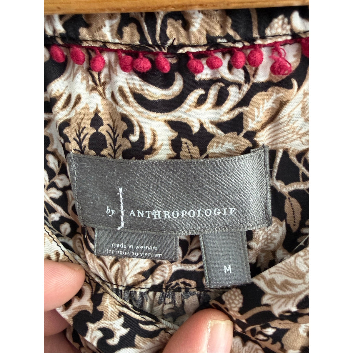 Anthropologie Black & Cream Paisley Long Sleeve Wrap Tie Blouse - Size M