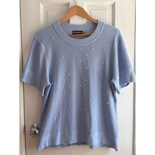 Karl Lagerfeld Paris Light Blue Pearl Embellished Ribbed Knit Top Sweater XL