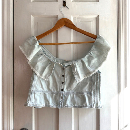 Pilcro Anthropologie Light Wash Denim Raw Hem Off-Shoulder Crop Top XSP NWT