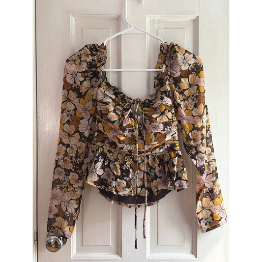ASTR The Label Floral Ruched Sweetheart Neck Peplum Blouse Brown XS