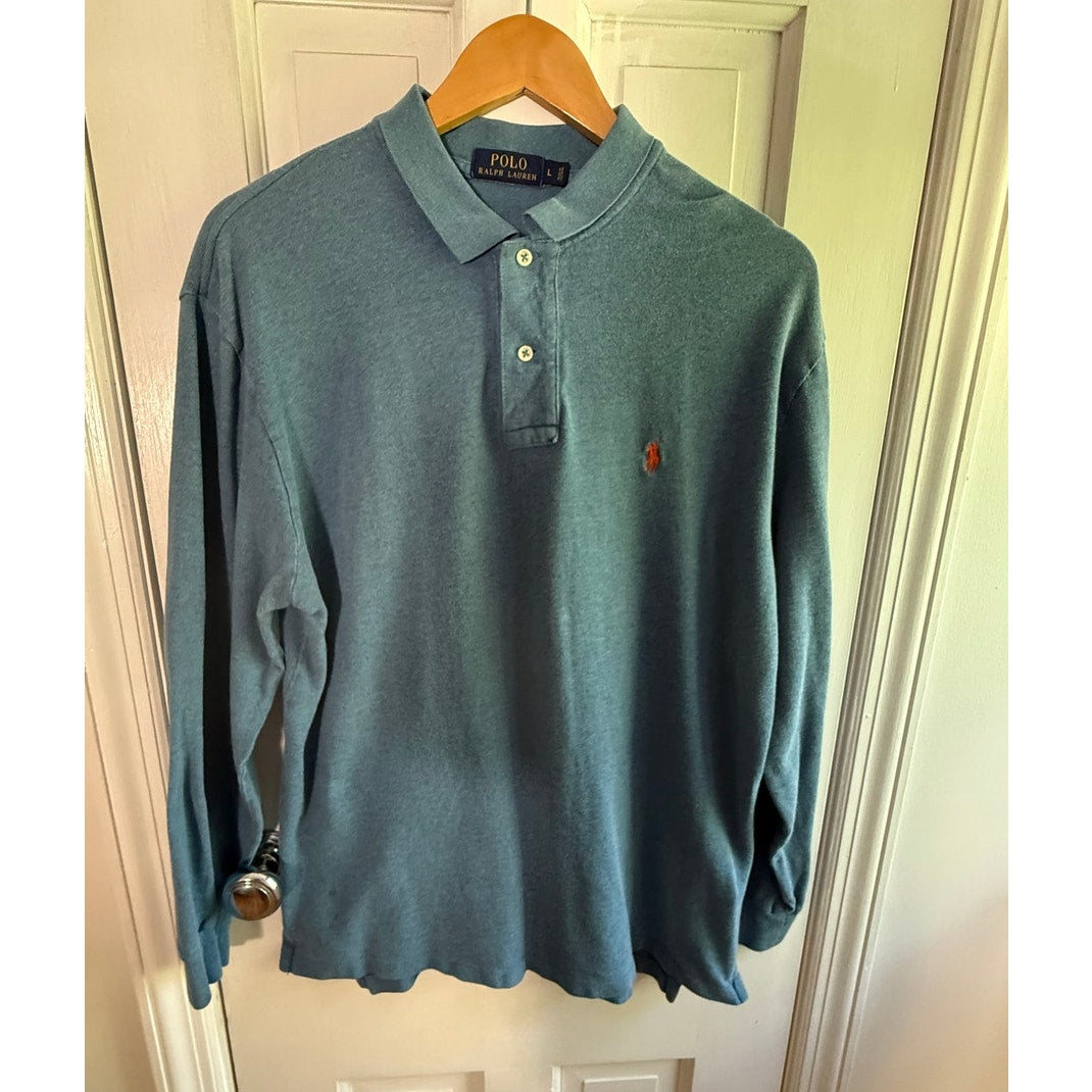 Polo Ralph Lauren Men L Blue Gray Long Sleeve Polo Shirt Orange Pony Cotton EUC