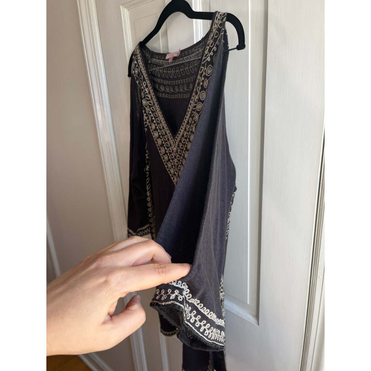 Calypso St. Barth Linen Grey Embroidered Cold Shoulder Tunic Dress - Size Medium - Boho Resort