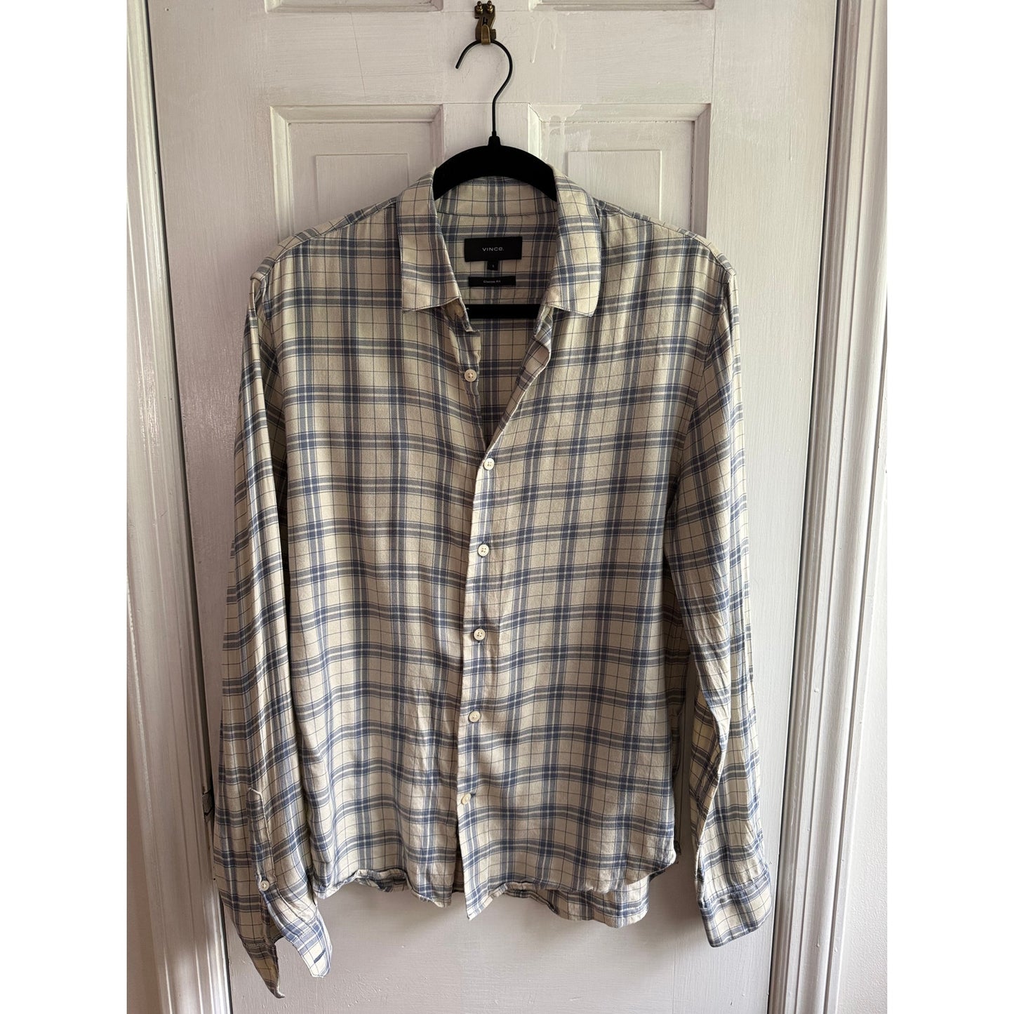 Vince Men’s Long Sleeve Button Down Shirt Size Small Blue Beige Plaid Gauze EUC