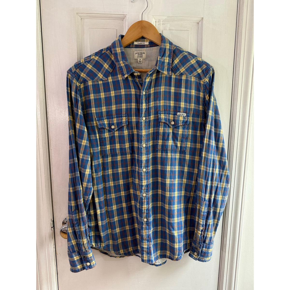 Lucky Brand Mens Medium Pearl Snap Western Plaid Shirt Blue Yellow Classic Fit M