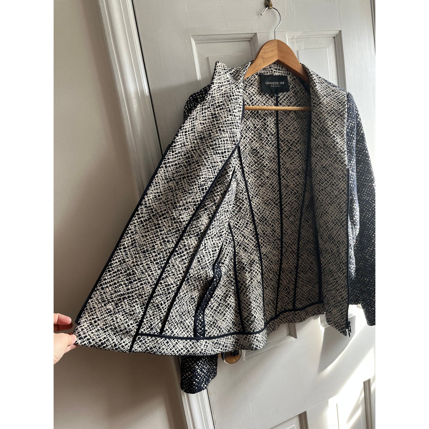 Lafayette 148 New York Textured Tweed Zip Blazer Jacket Black White Size 4