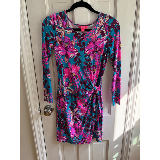 Lilly Pulitzer Bryson Long Sleeve Faux Wrap Dress Pink Blue Floral XXS EUC
