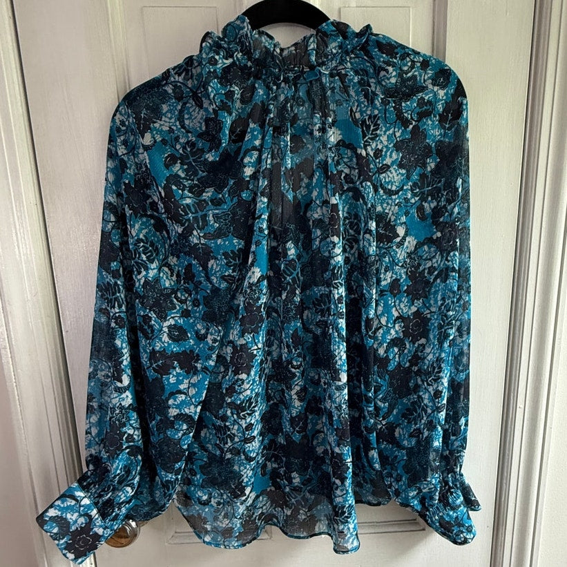 Anthropologie Blue Floral Sheer Blouse | Ruffle Neck | Size M | EUC