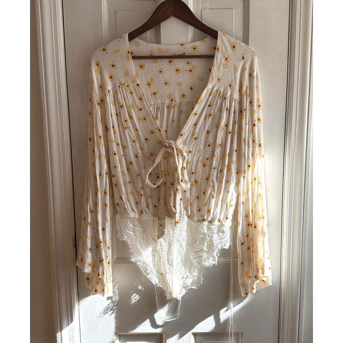 Intimately Free People Floral Lace-Trim Tie-Front Bodysuit - Small 