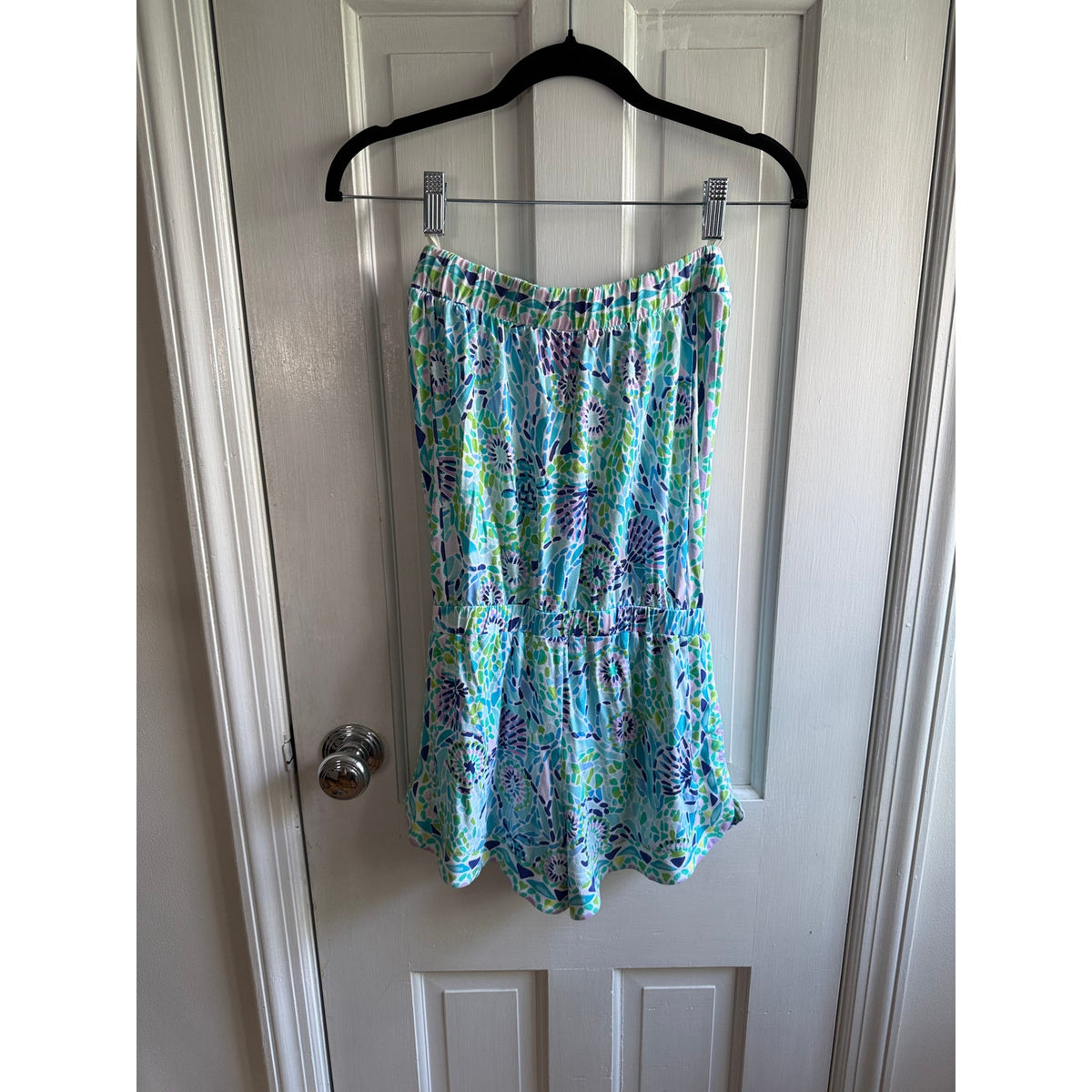 Lilly Pulitzer Rikki Strapless Romper Blue Green Mosaic Print XXS EUC