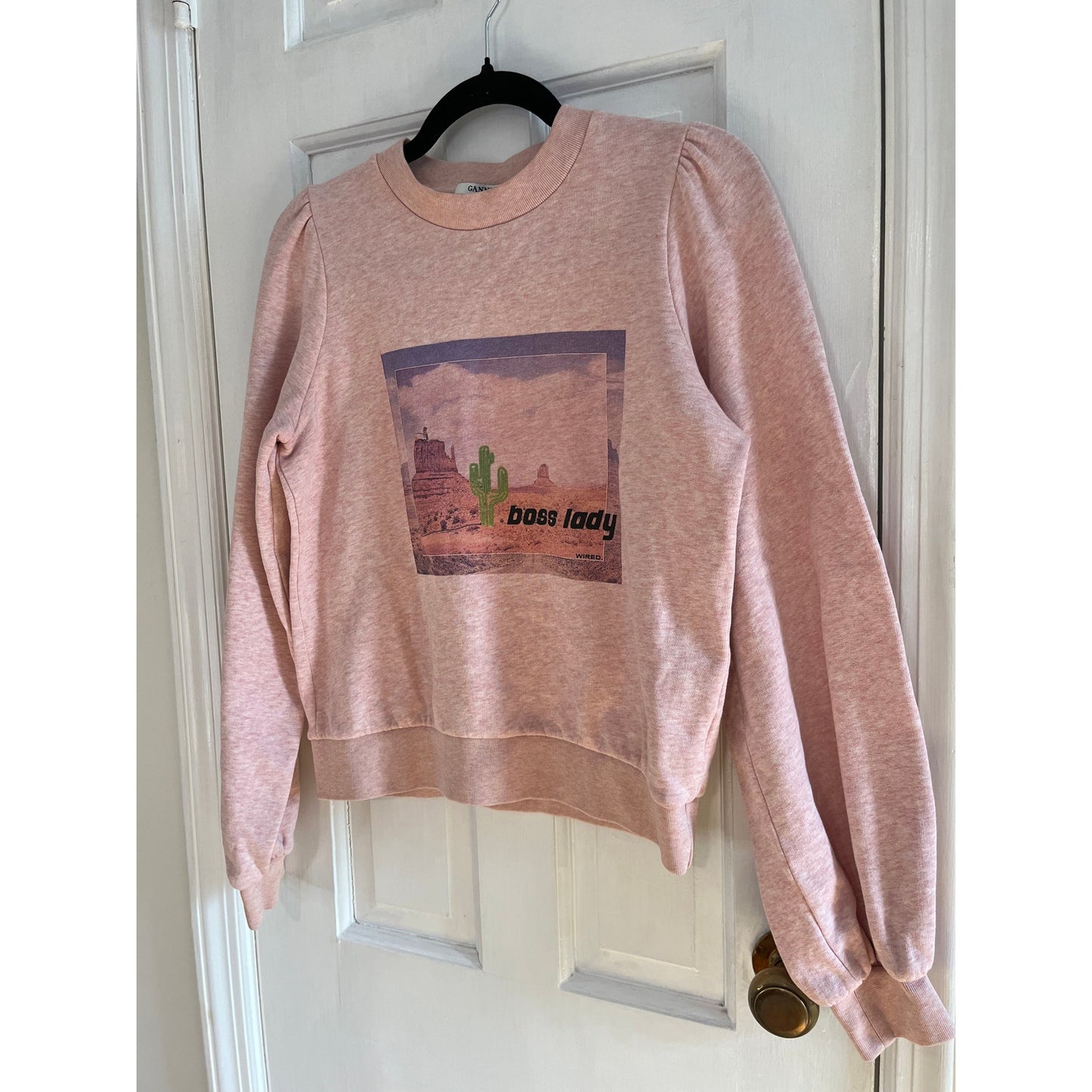 GANNI Pink "Boss Lady" Puff Sleeve Sweatshirt | Isoli Desert Cactus Graphic | S