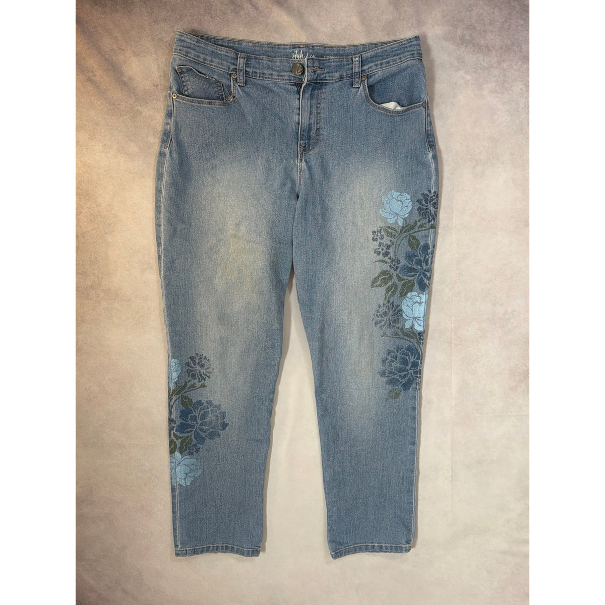 Style & Co Curvy Boyfriend Jeans Womens 10 Floral Embroidered Light Wash Crop 10
