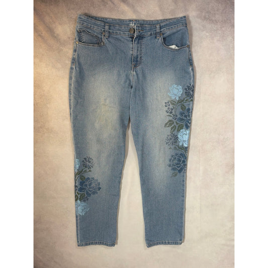 Style & Co Curvy Boyfriend Jeans Womens 10 Floral Embroidered Light Wash Crop 10