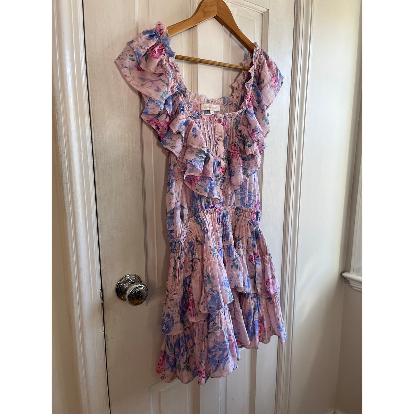 LoveShackFancy Love You More Floral Tiered Mini Dress M - Whimsical Pink Purple