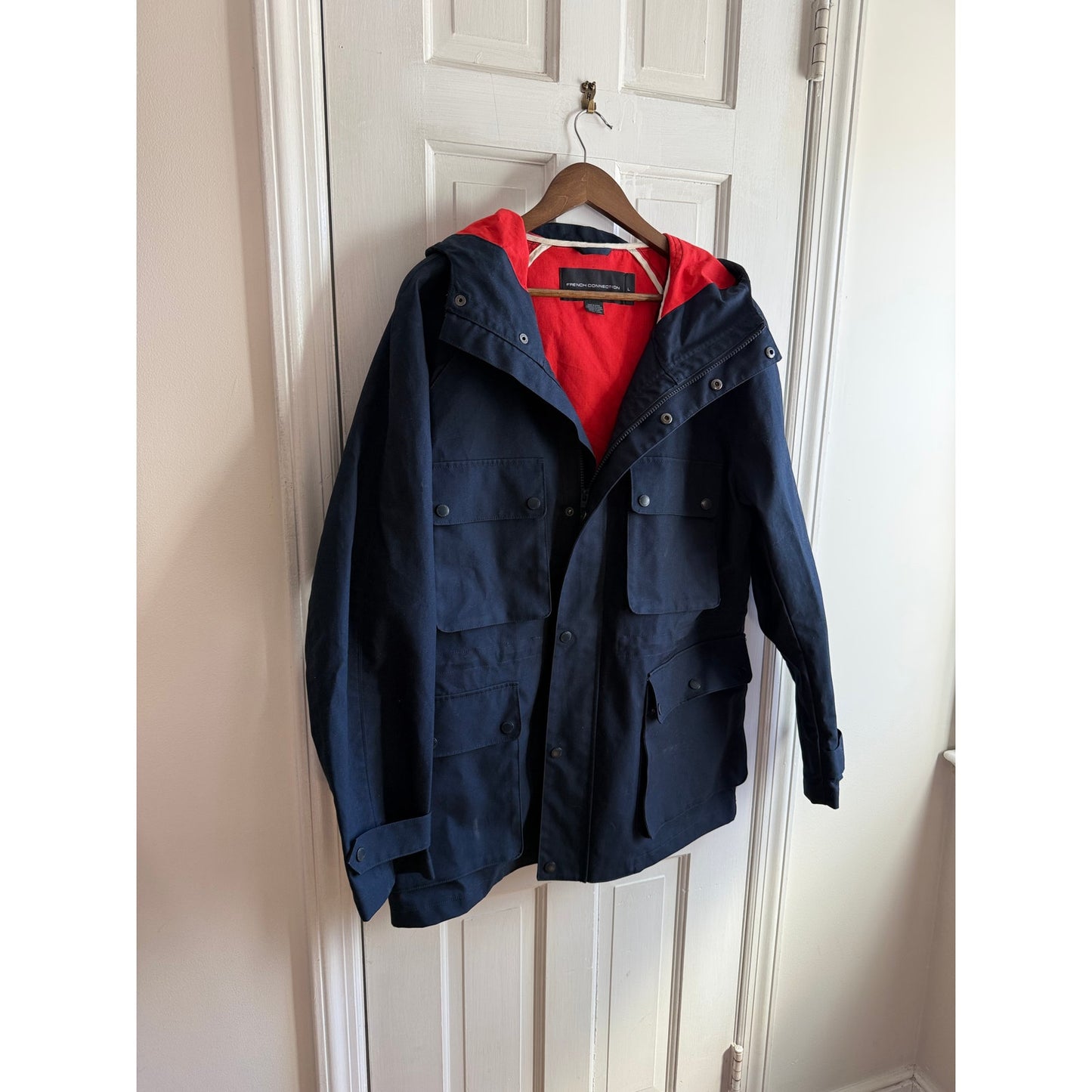French Connection Men’s Navy Blue Hooded Field Jacket - Red Lining - Large - EUC