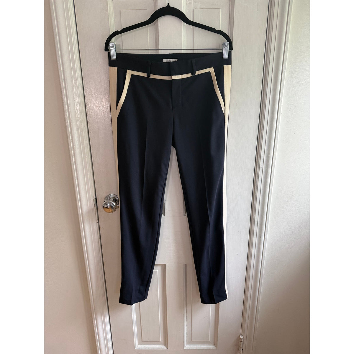 VINCE Navy Black Tuxedo Stripe Wool Blend Trousers Pants Size 2 | EUC Tailored
