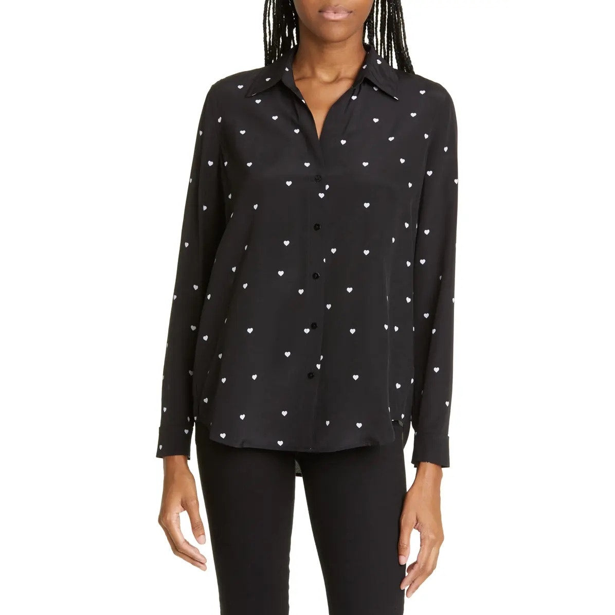L'Agence Nina Heart Print Button Down Shirt Black White Blouse Medium