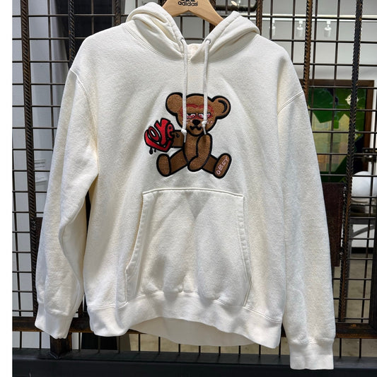 OBEY Clothing Teddy Bear Rose Graphic Fleece Hoodie Large Cream Off White Mens L