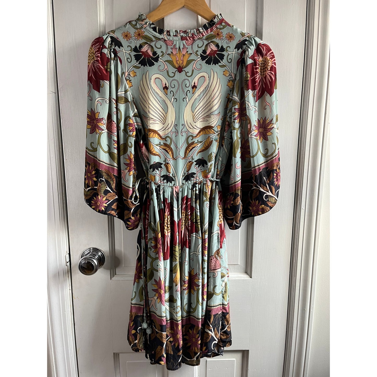 FARM Rio Blue Flowing Beauty Swan Print Mini Dress Short Sleeve Sz XXS