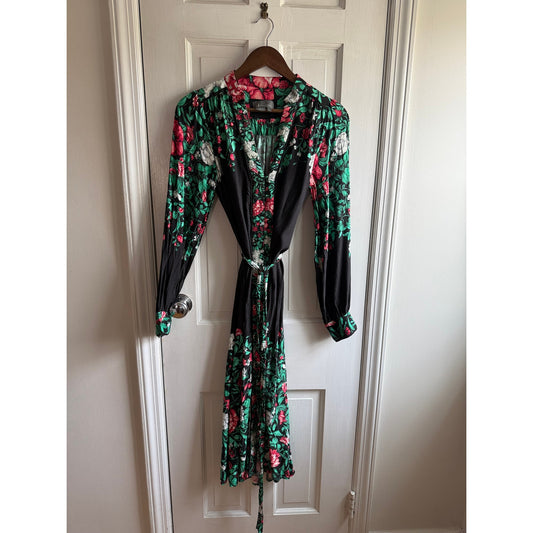Anthropologie Black Floral Long Sleeve Dress - Green/Pink Leaf Print- Small