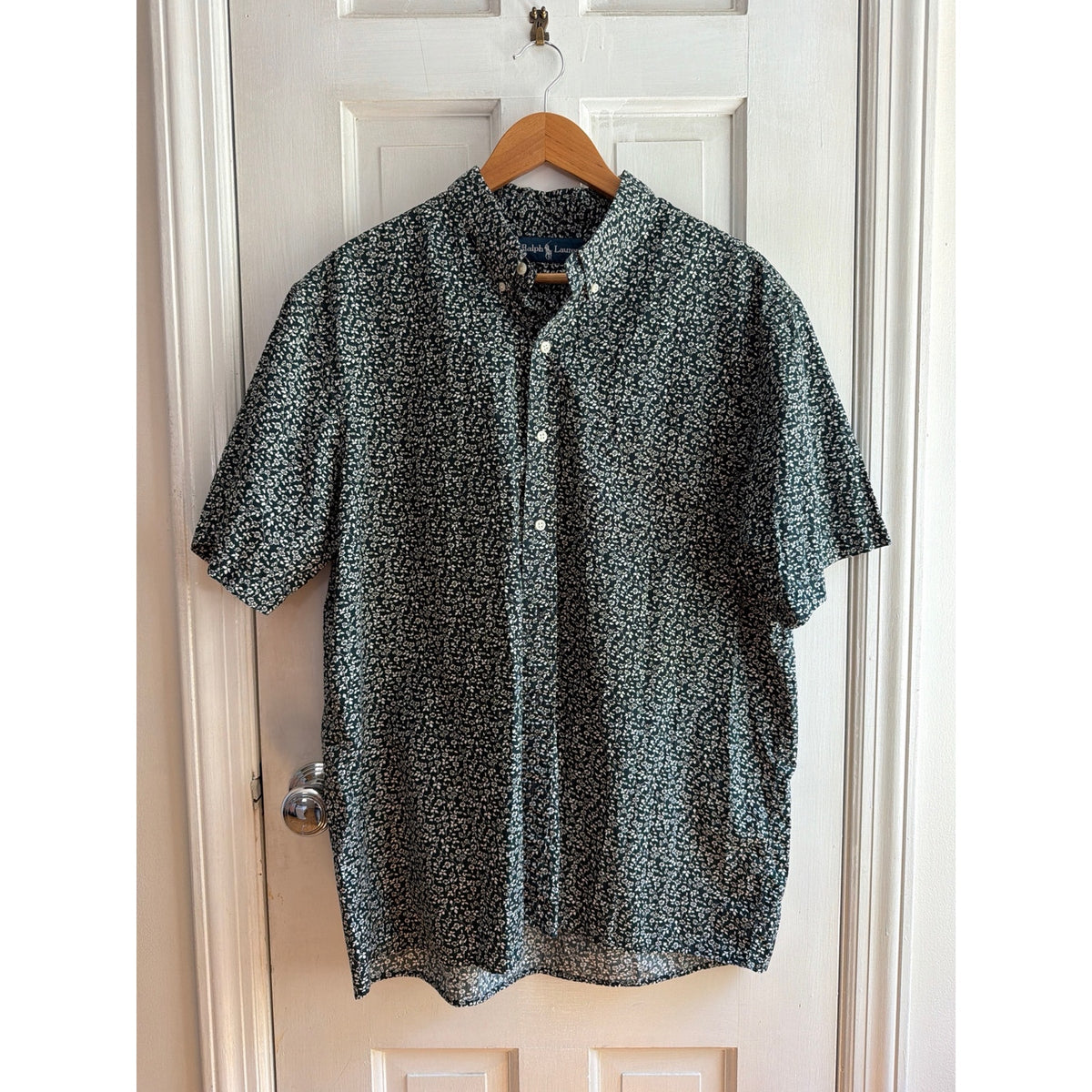 Ralph Lauren Mens Short Sleeve Floral Button Down Shirt Dark Green White XL