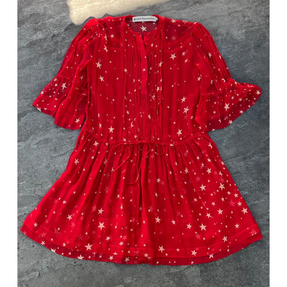 Stoned Immaculate Red Cosmic Star Mini Dress Sheer Boho 70s Style Small NWOT