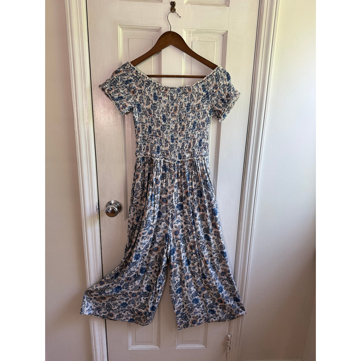 Patrons of Peace Blue Floral Smocked Wide Leg Jumpsuit XS EUC