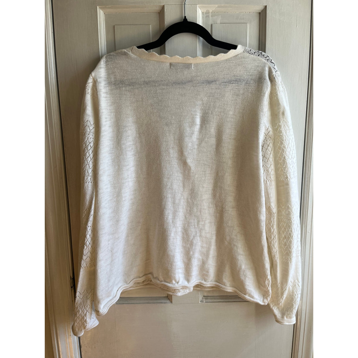 Frye Cream White Pointelle Knit Cardigan - 100% Cotton Scalloped V-Neck Sweater - Sz L/XL