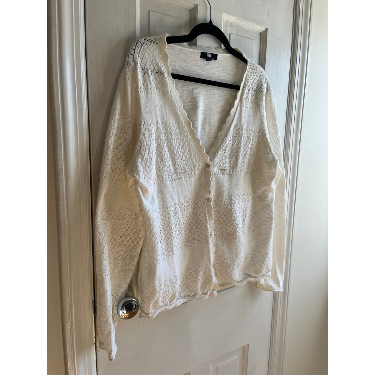 Frye Cream White Pointelle Knit Cardigan - 100% Cotton Scalloped V-Neck Sweater - Sz L/XL