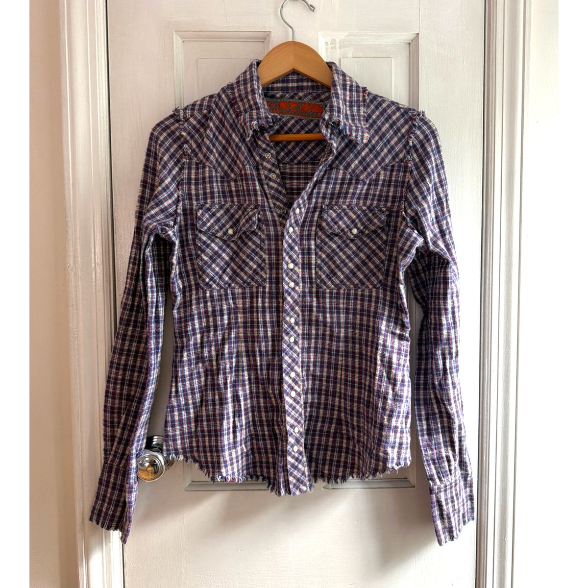 Vintage Arch Indigo Raw Edge Plaid Pearl Snap Western Shirt Made in USA Medium