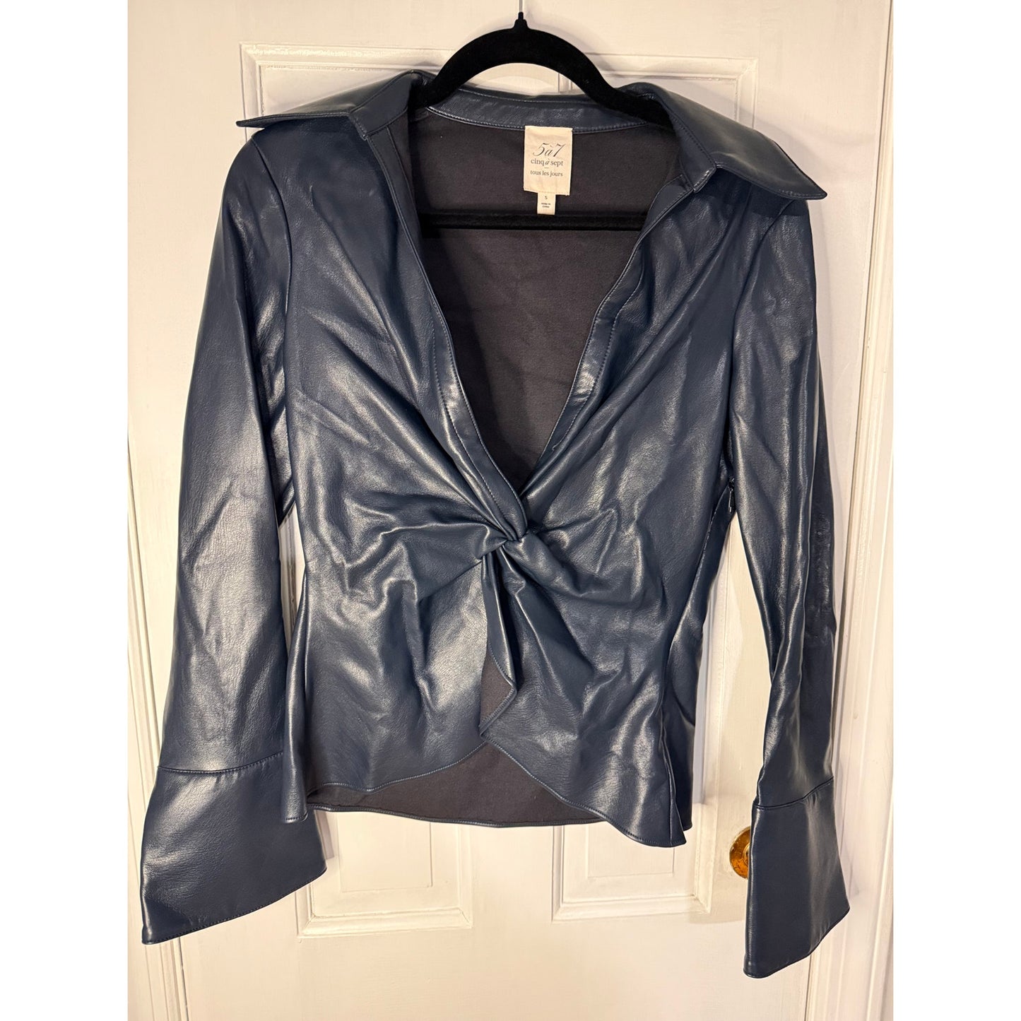 Cinq A Sept Mckenna Twisted Front Faux Leather Long Sleeve Navy - Small